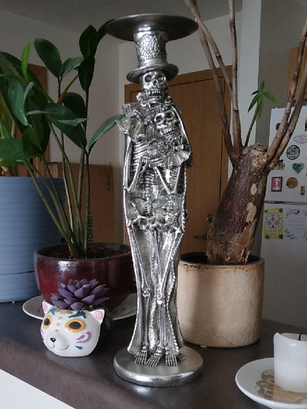 Gothic Halloween Silver Bride and Groom Skeleton Candle Holder